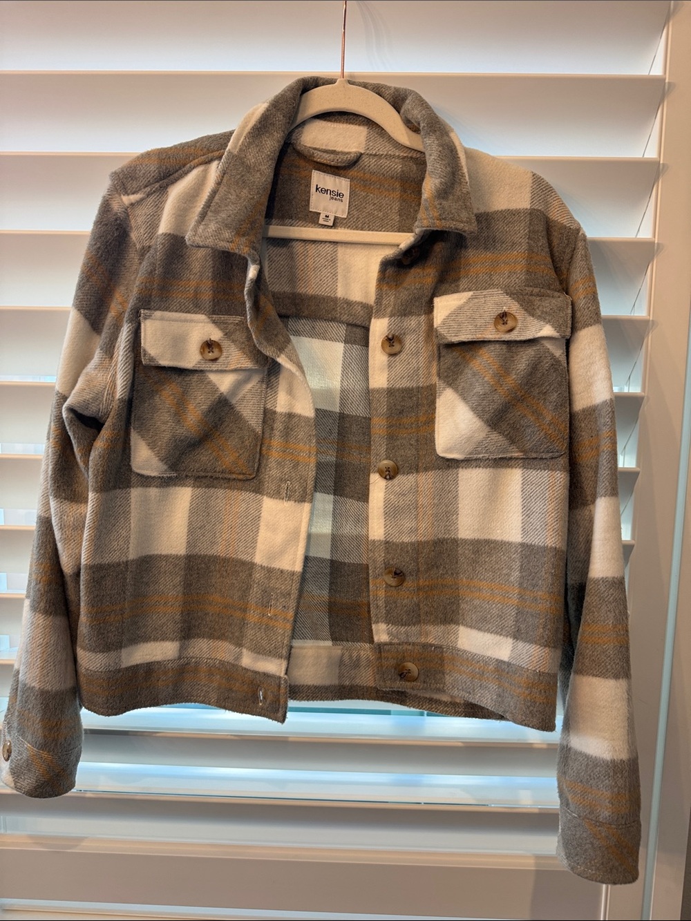 Kensie Plaid Button-Up Jacket in Cream, Gray & Brown
